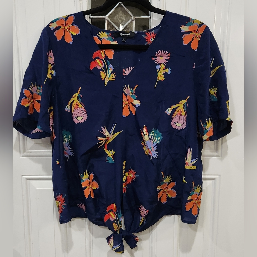 Madewell women's floral blue tie cropped front 100% silk blouse size large